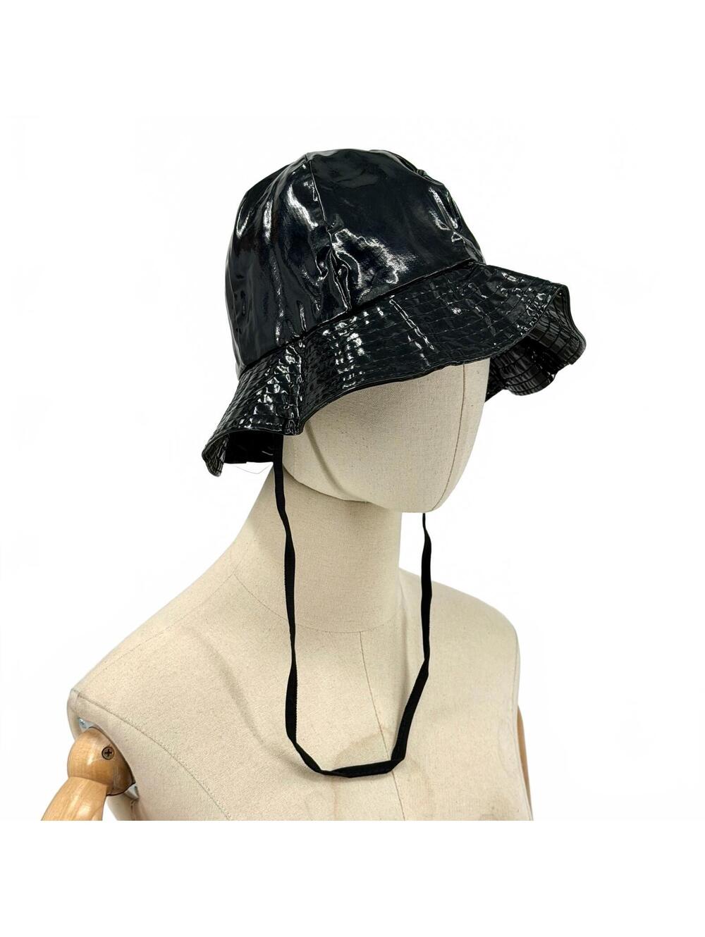 Vintage 80s Bonwit Teller Black Glossy Rain Bucket Hat